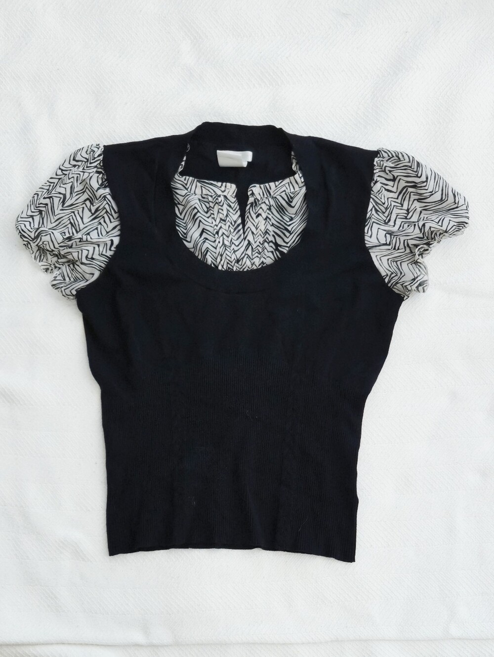 Worthington Black Knit Top with White Patterned Puff Sleeves